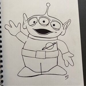 Toy Story Alien Pizza Planet Drawing Disney Illustration Black Ink 11 x 7.75”